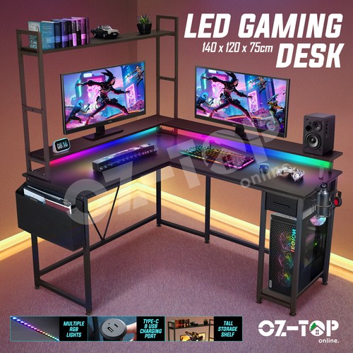 LED Lights Gaming Desk L Shaped Drawer Computer Racer Standing Side