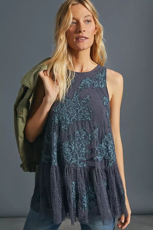 Anthropologie Neomia Applique Tunic Beaded Embellished Sleeveless Ruffle Top XS