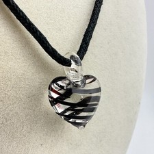 Art Glass Heart Artisan Hand-Pulled Clear Black Swirls Cotton Cord 22  Necklace