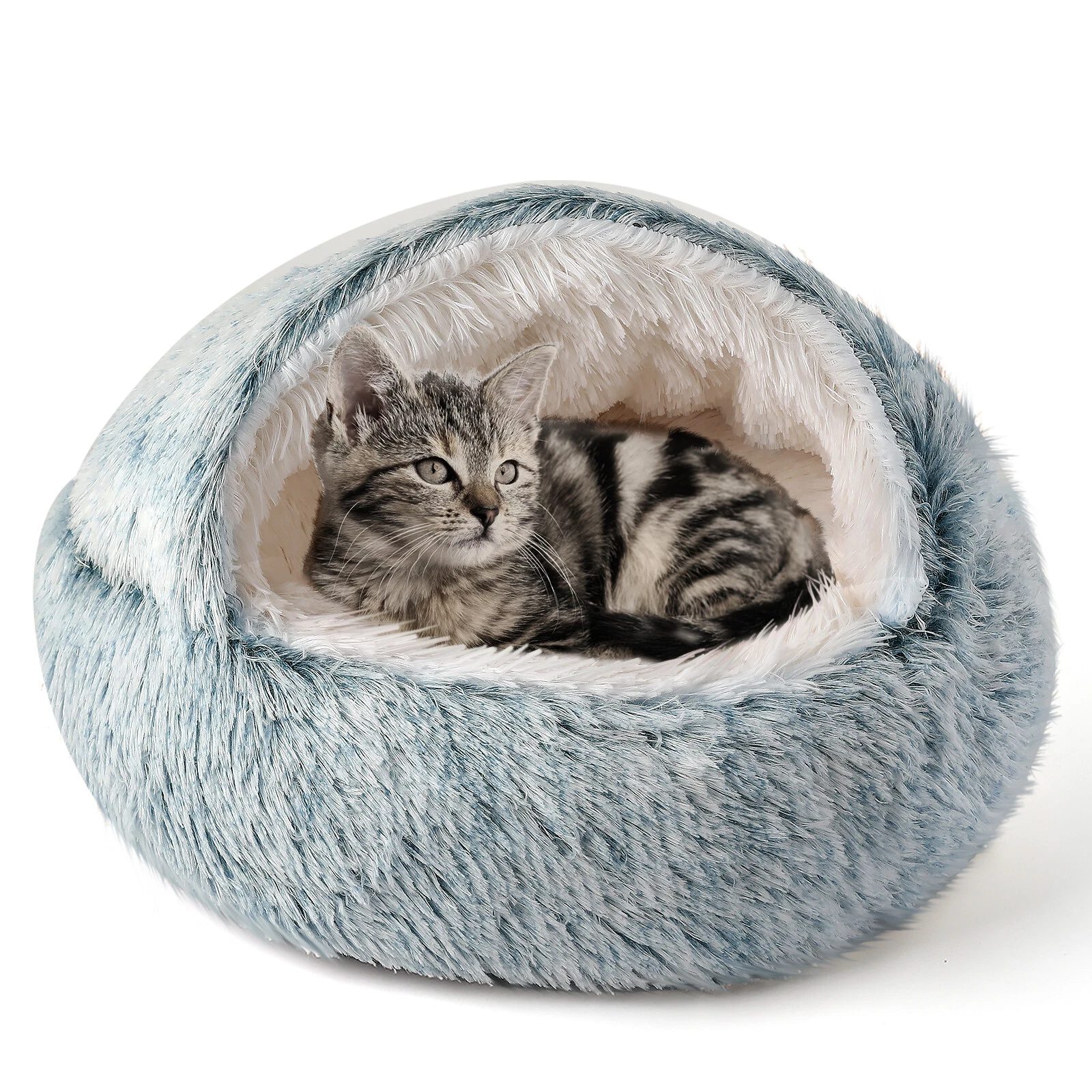 Cat Bed Cave Round Plush Fluffy Hooded Cat Bed Donut Self Warming Pet Dog Bed