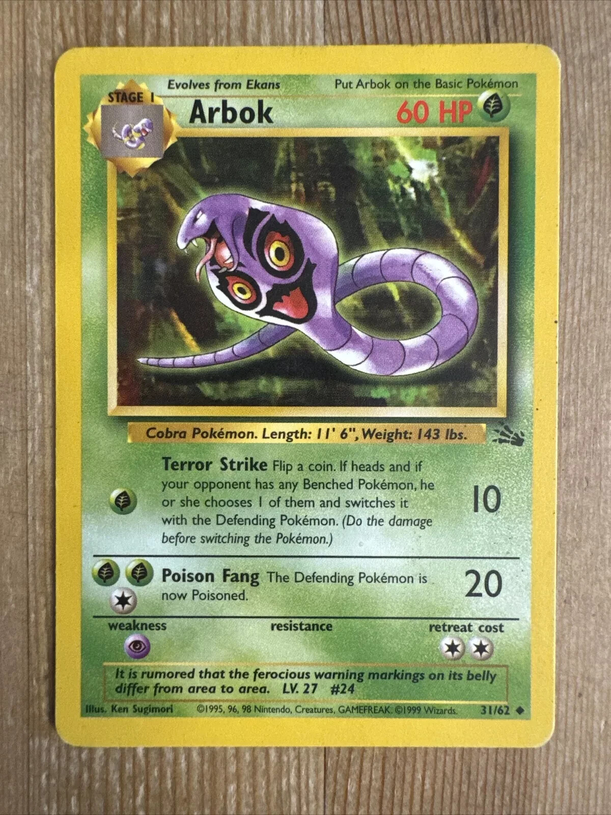 Arbok 31/62 Uncommon Fossil Unlimited Pokemon TCG Card 1999 Vintage WOTC