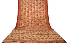 FNC Vintage Saree Indian Beige Hand Woven Ikat Blend Silk Sari Craft Fabric 5 YD