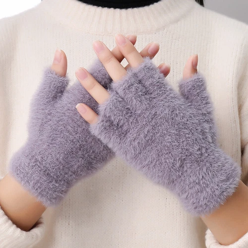 Womter Warm Half Finger Gloves,Fluffy Plush Fingerless Flip Gloves Flap Cover - Picture 19 of 29