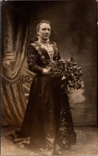 Postcard Real Photo RPPC Woman in Elegant Dress with Flowers Unposted