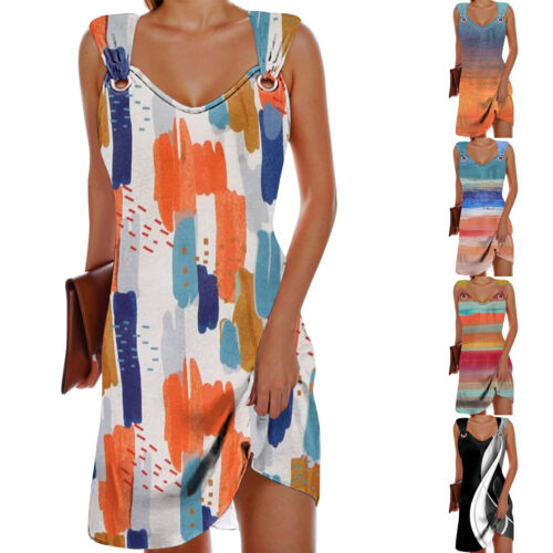 Women Vintage Bohemian Daily Summer Casual Sleeveless Pullover Dress Print - Picture 1 of 39