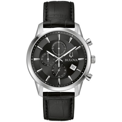 Bulova Mens Classic Quartz Chronograph Calendar Black Leather Watch 41 MM 96B403