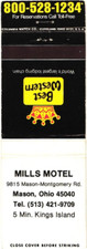 Mills Motel, Mason, Ohio, Best Western Vintage Matchbook Cover