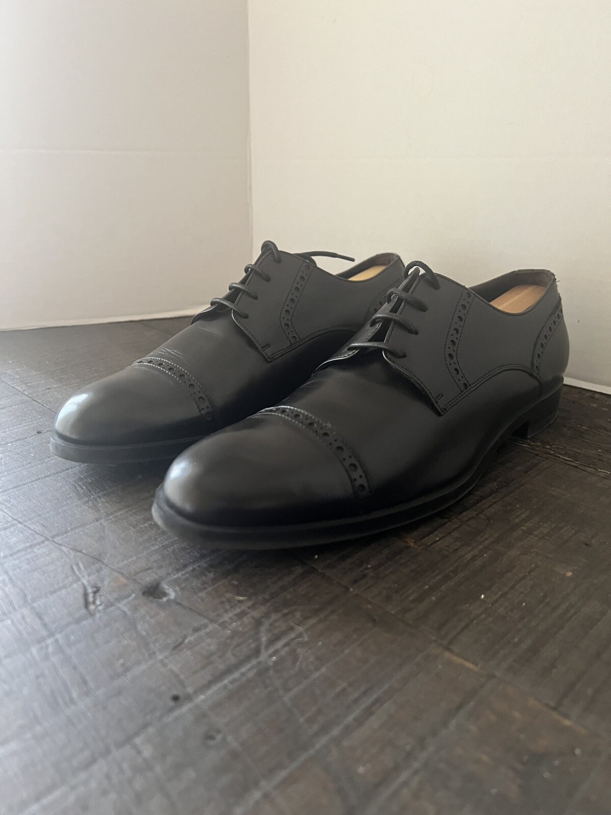 Ermenegildo Zegna Black Leather 4-Eye Lace Up Cap Toe Oxfords Men’s Size 9.5 image 2