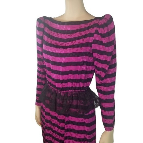 Vtg 80s Joan Leslie striped polka dot silk puff sleeve peplum new wave dress - Picture 4 of 12