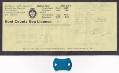 1997 KENT COUNTY MICHIGAN DOG LOST DOG TAG #97-30827 MATCHING RECEIPT 