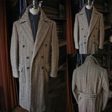 Tweed Herringbone Men's Overcoat Vintage Brown Outdoor Casual Warm Long Jacket