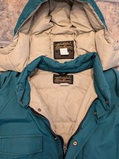 Vtg Eddie Bauer Goose Down Parka zip on/off Hood USA Sz L color Green