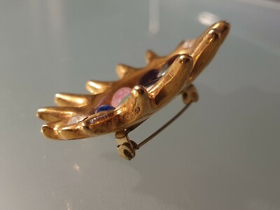 Broche Vintage Jacky De G Paris En Résine Dorée Et Cristal - Bijou De Couture - Occasion
