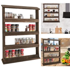 Wood Floating Shelf Wall Mounted Kitchen Spice Jar Storage Organizer Rack 4 Tier