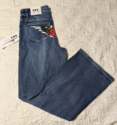 Sky Premium Collection Jeans Womens 7/28 Hearts Wings Rhinestone Flare Wide Leg 