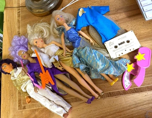 Jem and the Holograms w/ Accessories Lot, Shana, Rio, Golden Gem, Cassette