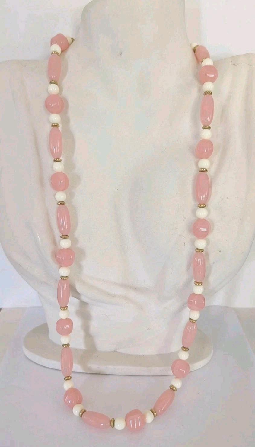 Vintage Long Pink Lucite Gold And White Beaded Necklace 28