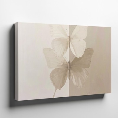 A Delicate Depiction of Two Pale Butterflies Mirrored Vertically Canvas Wall Art