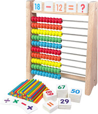 Wooden Abacus for Kids Math - 10 Row Bead Counting Frame with Counting Sticks 
