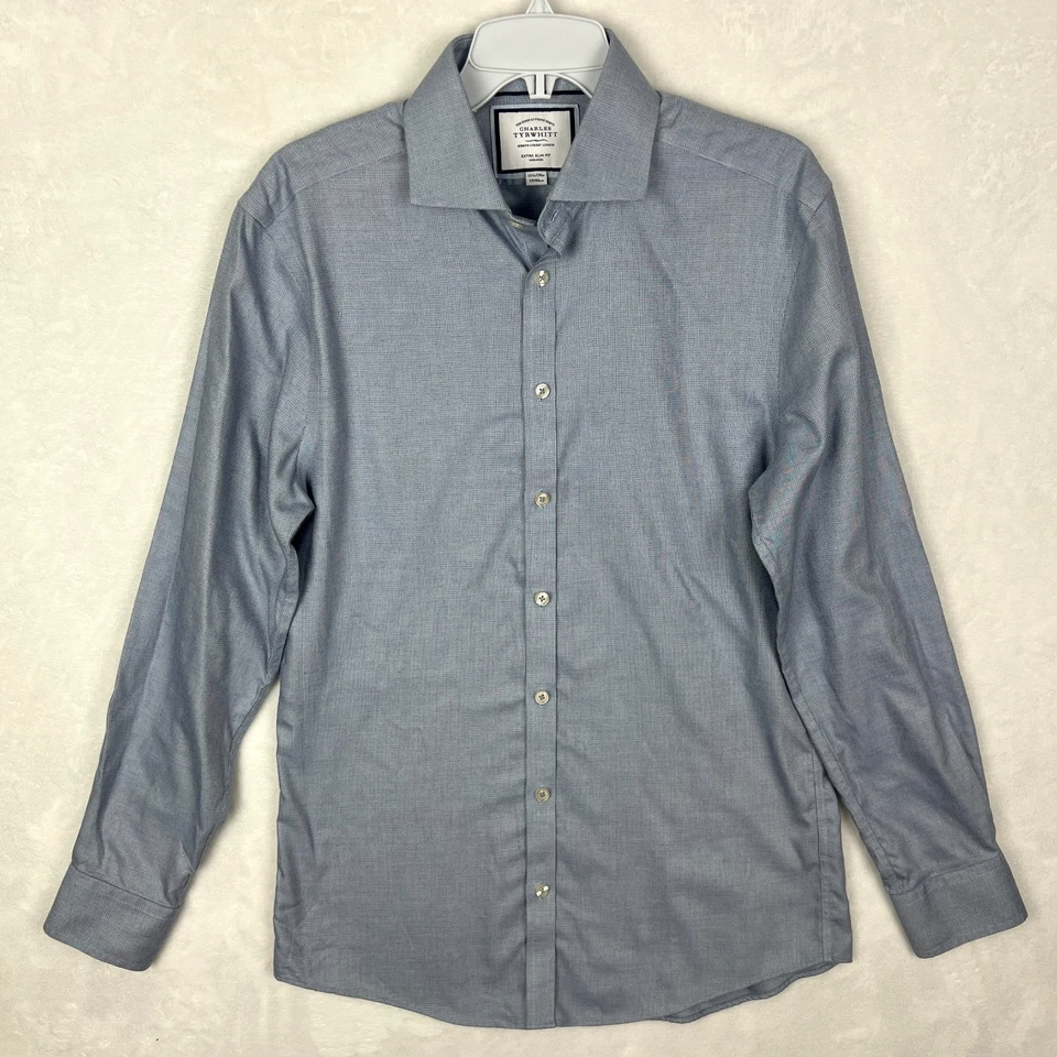 Camisa de vestir azul Charles Tyrwhitt para hombre 15,5 botones calce extra ajustado geométrico Foto 3 de 4