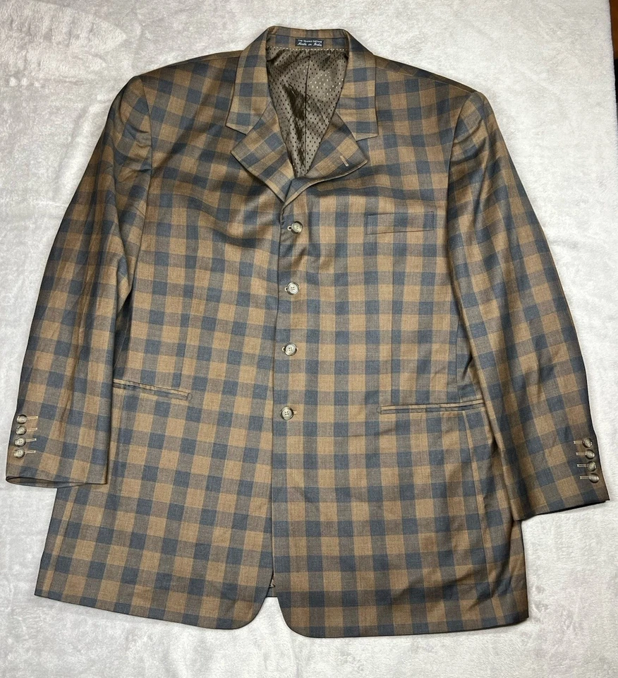 Steve Harvey Collection Blazer Sport Coat Men 50R Brown Blue Check Wool Blend - Image 2 of 4