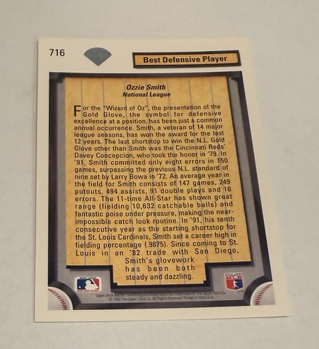 1992 Upper Deck - Ozzie Smith #716 Best Defensive Player - Bild 5 von 7