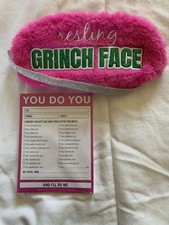 NEW Pink Faux Fur Sleep Mask Resting Grinch Face Green Silver Accents notepad