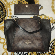 Coach Signature Logo Satchel Top Handle Bag Strap Wallet Brown Black