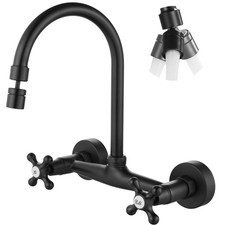Wall Mount Kitchen Faucet with Sprayer, 360 Swivel Spout, Double Cross Handles,