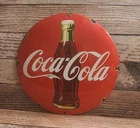Vintage Coca Cola Porcelain Enamel Metal Coke Soda Bottle Domed Button Sign
