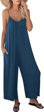 Women Dressy Casual Sleeveless V Neck Spaghetti Strap Pleated Wide Leg Overalls