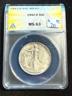 1942 D WALKING LIBERTY HALF DOLLAR ANACS MS 63 984
