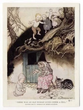 Arthur Rackham Original OLD WOMAN Tabby Cat Children Bookplate Print 1912