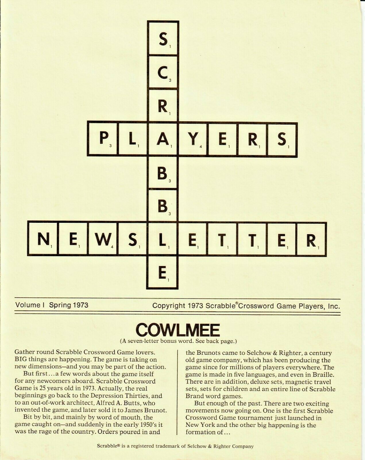 [RARE] SCRABBLE PLAYER'S NEWSLETTER Vol 1 Spring 1973 Very Good/Near ...