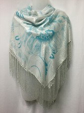 Square Scarf Silver Metallic Shiny Scarf Sky Blue Floral Print Fringe