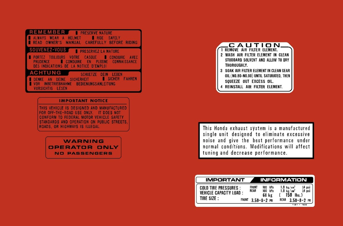 HONDA Z50R 1982 WARNING LABEL SET REPRO | eBay