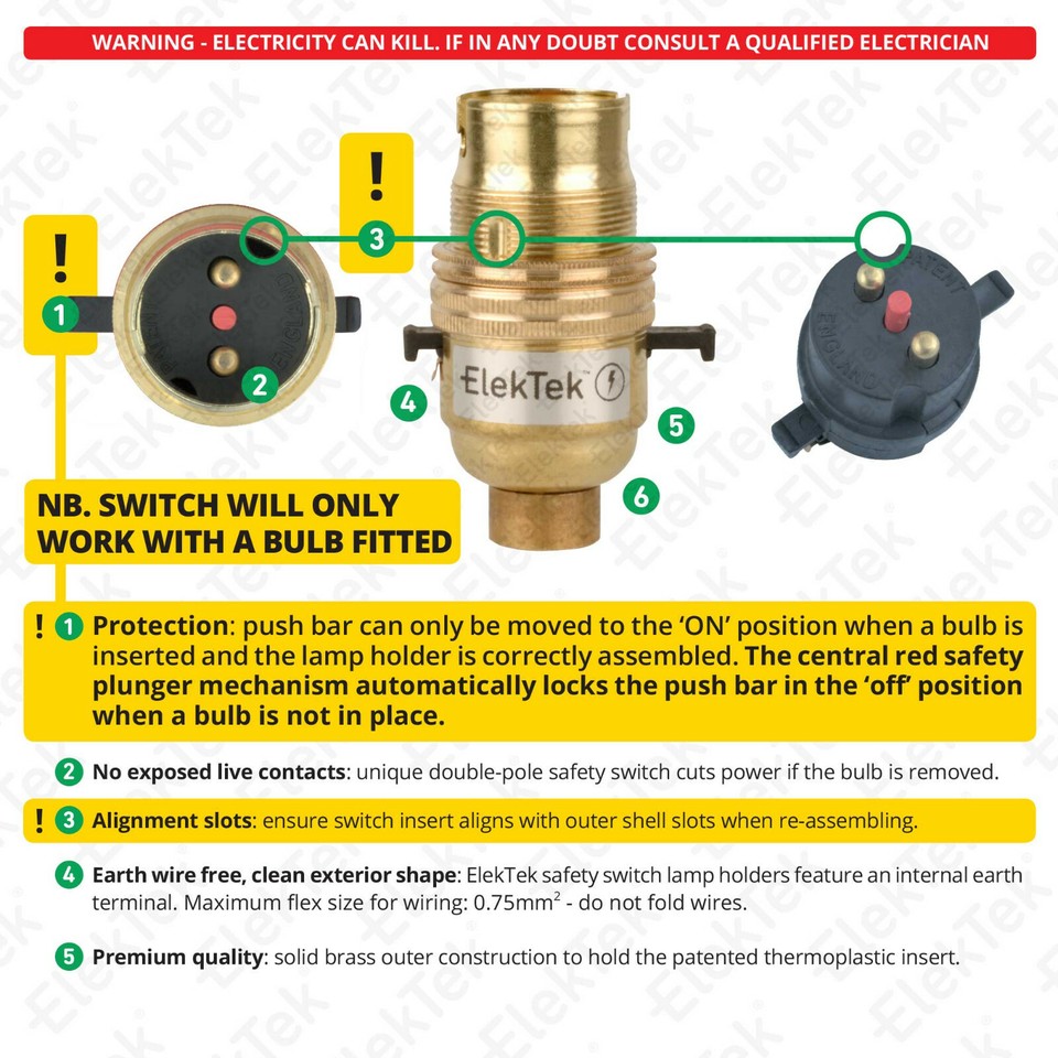 ElekTek B22 Bayonet BC Unswitched Lamp Bulb Holder Socket Wood Mount Made In UK | UK - Foto 10