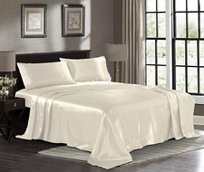 Twin Size Ivory Satin Bed Sheet Set Extra Soft 1800 Microfiber Wrinkle Fade