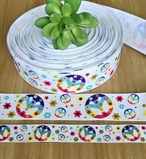 7/8 1.5" 1 YD Peace Sign Grosgrain Ribbon Flowers Peace Love Happiness