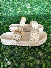 ON TREND BEIGE FAUX LEATHER WITH GOLD STUDDED UPPER AND BUCKLE FOOTBED SLIDER