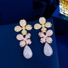 Multi-Tone Gold Plated Flower Leaf Long Drop Earrings Women Party Zircon Jewelry