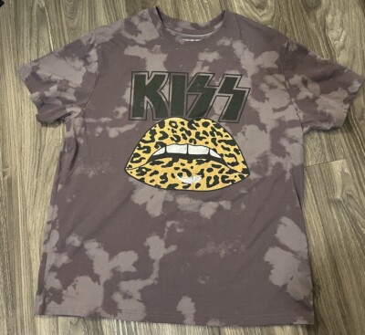 KISS Leopard Lips Graphic Print Tee Bleach Wash Purple Gray Shirt