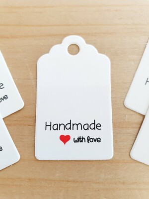 5 x HANDMADE WITH LOVE Geschenkkarten Geschenkanhänger   Pappe Weiß 50mm x 30mm