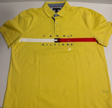 Tommy Hilfiger Men's Bar Stripe Logo Polo Shirt Yellow White Red Size XL READ