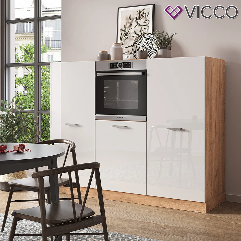 Küchenzeile Küchenblock Einbauküche R-Line Eiche Weiß Hochglanz Backofen Vicco - Bild 4 von 4