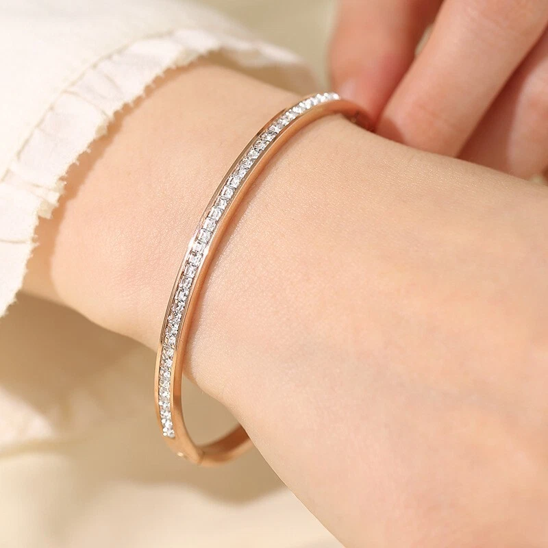 Bracciale Rigido da donna In Acciaio E Strass Colore Argento, Oro, Oro Rosa - Immagine 3 di 4