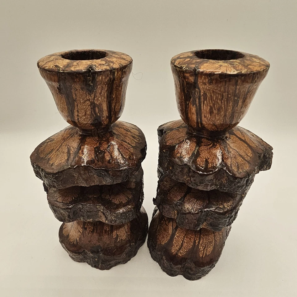 Candelabros de madera de crisantemo vintage hechos a mano cabaña rústica Foto 4 de 4