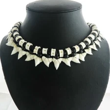 Awesome 21pc Unisex White Tip Shark Tooth Bone Black Heishi Beads Necklace