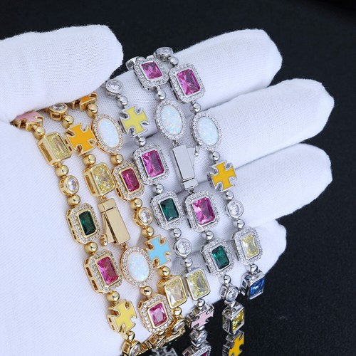 Hip Hop Cross Tennis Chain Necklaces Bracelet Colored Gemstone Jewelry Custom - Picture 4 of 19