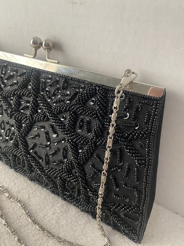 Black Beaded Kisslock Elegant Evening Shoulder Bag Convertible Clutch Vintage - Picture 4 of 11